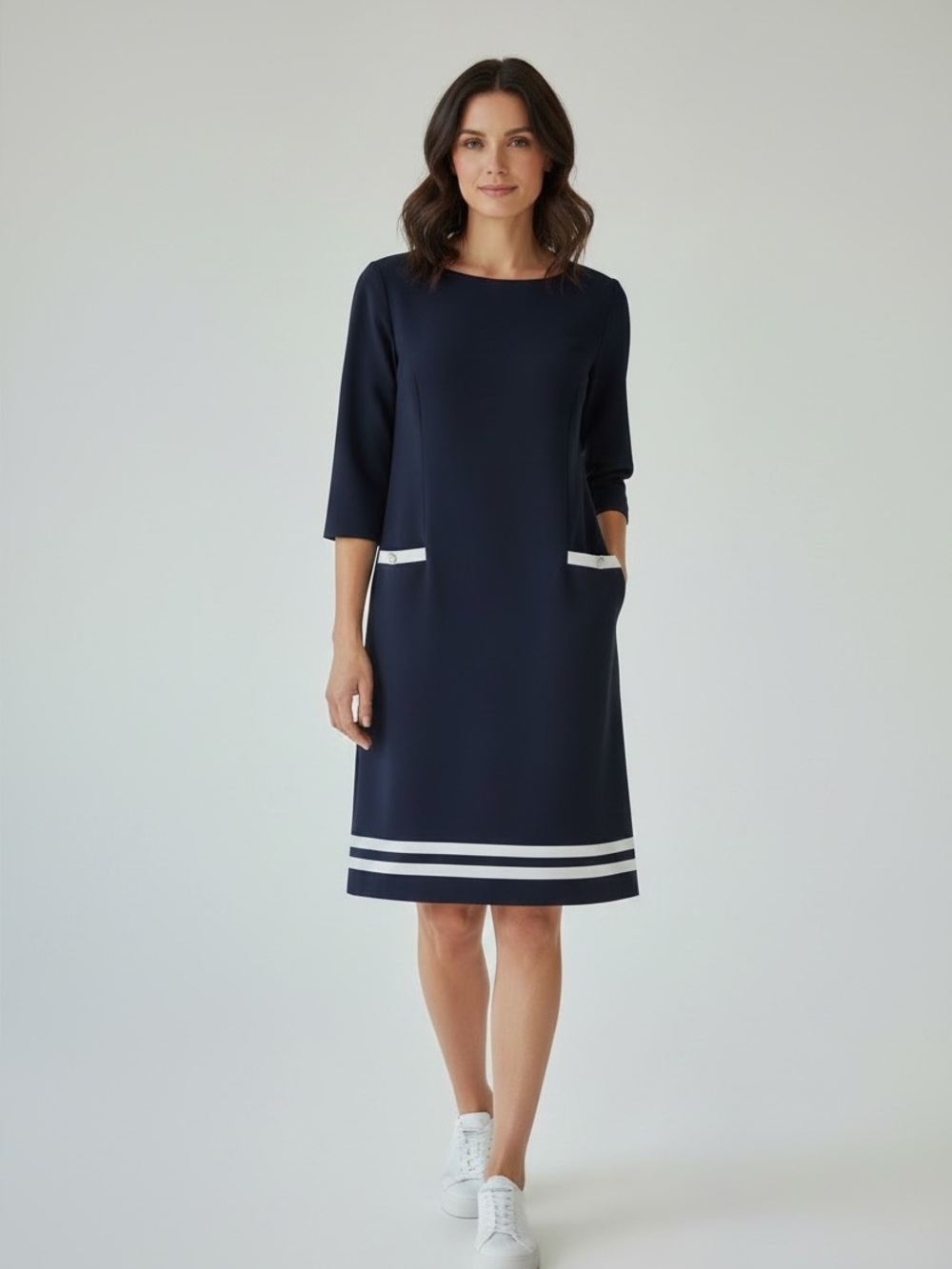 Talbots Navy Blue 3/4 Sleeve Dress with White Stripes in Hem, size 10